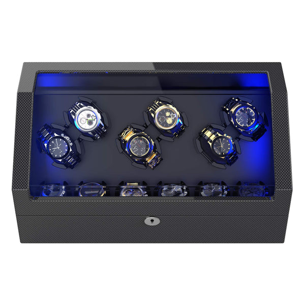 6 Automatic Watch Winder with 6 Storage, Carbon fiber/Pine Bark Pattern