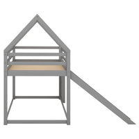 Twin Size Floor Bunk House Bed, House Shaped Bunk Beds with Slide,Roofs and Ladder, Wood Twin Size House Bunk Bed for Toddlers, Kids,Teens, Girls and Boys (Gray)