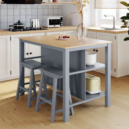 Solid Wood Kitchen Island Set,3-piece 45" Stationary Kitchen Island with 2 Dining Stools, Rubber Wood Butcher Block Dining Table Set ,table+2 seatings Prep Table Set with 2 Open Shelves