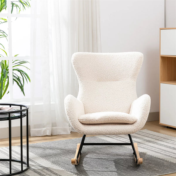 Nursery Rocking Chair for Baby Toddler Kids, Modern Teddy Fabric Upholstered Recliner Chair Rocker Chair with High Backrest & Armrest, Accent Chair Lounge Armchair for Living Room Bedroom, Beige