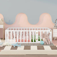 Full Size Montessori Floor Bed for Kids,Solid Wood Floor Bed Frame with Fence and Door, Bed Frame for Kids Toddlers,Box Spring Needed