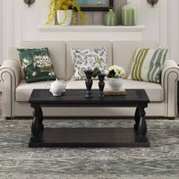Rustic Oversized Coffee Table, Floor Shelf Coffee Table with Storage, Farmhouse Coffee Table, Rectangular 2-Tier Cocktail Table with Unique Design Table Legs, Solid Pine Wood, for Small Spaces, Black