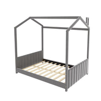 Full Size Velvet Upholstered Bed Frame, Modern House Bed Floor Bed with Roof and Tufted Headboard, Full Platform Bed Frame with Slats Support for Boys Girls, No Box Spring Needed, Gray