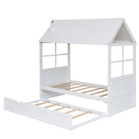 Twin House Bed with Twin Size Trundle, Wooden Daybed Frame with Playhouse Roof and Window for Kids Toddlers Teens, No Box Spring Need, White
