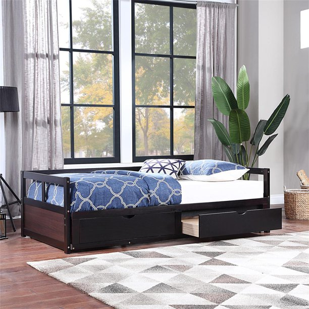 Twin Daybed with Trundle and 2 Storage Drawers, Twin to King Captain Bed for 3 People, Extendable Wooden Platform Bed Frame, Sofa Bed for Kids Adults Bedroom Living Room Guest, Espresso