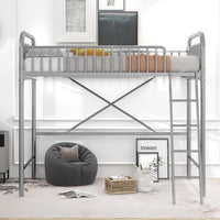 Twin Size Metal Loft Bed, Heavy-Duty Slatted Loft Bed Frame with Integrated Ladders, Space-Saving Bed Frame with Safety Full-Length Guardrails for Kids Teens Adults, No Box Spring Needed, Silver