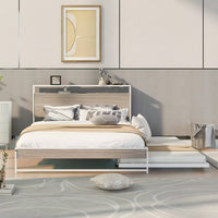 Metal Platform Bed Frame, Queen Size Platform Bed with Trundle, USB Ports and Slat Support, Trundle Bed Frame, No Box Spring Needed, White
