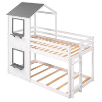 Twin Over Full Bunk Bed, House Shaped Solid Wood Bunk Bed with Roof, Window,House Bed Loft Bed with Guardrail and Ladder for Kids, Toddlers, Teens, Boys, Girls, No Box Spring Needed, White + Gray Roof