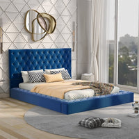 Queen Size Upholstered Platform Bed with Button Tufted Headboard and Footboard, Wood Bed Frame with Storage Space on Sides, Classic Platform Bed for Any Bedroom, No Spring Box Needed, Blue