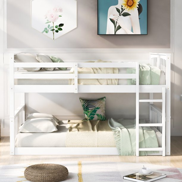 Triple Tree Low Bunk Beds, Full Over Full Wood Floor Bunk Bed Frame for Kids Teens Adults Dormitory Bedroo, No Box Spring Needed, White