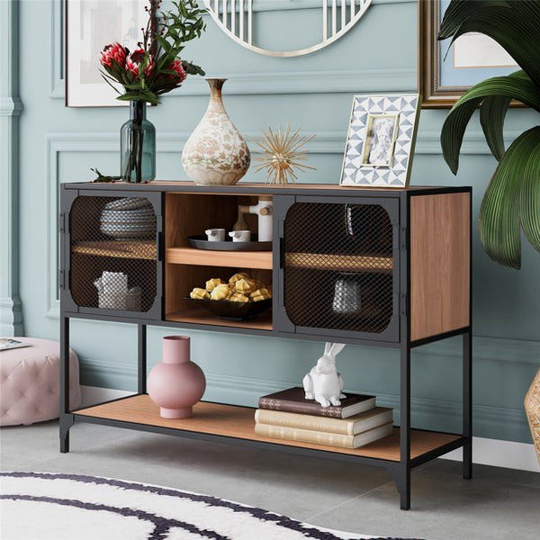 Console Table, Industrial Style Storage Cabinets with Metal Grid Door, Adjustable Shelves and Open Countertop and Bottom Shelf, Accent Table with Large Storage Capacity for Living Room