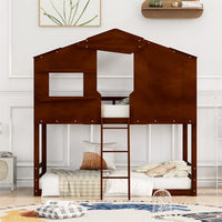 Wooden House Shaped Bunk Bed, Twin Over Twin Bunk Bed for Kids, Toddler, Girls and Boys, Playhouse Low Bunkbed Solid Wood Frame with Roof, Ladder and Window, No Box Spring Needed, Walnut