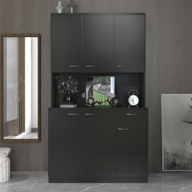 70.87" Tall Kitchen Cabinet with 6-Doors, 1-Open Shelves and 1-Drawer, Freestanding Kitchen Pantry Cabinet, Microwave Storage Cabinet, Black