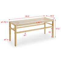 JINS&VICO Indoor Bench with Paper Cord for Bedroom Living Room, Rubber Wood Legs, 39.5“Lx14.5”Wx17.5“H