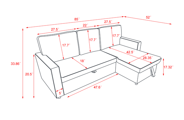 Triple Tree Sectional sofa with pulled out bed, 2 seats sofa and reversible chaise with storage, Stone fabric, NAVY BLUE, (85"x52"x34")