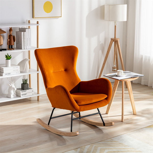 JINS&VICO Velvet Rocking Chair, Upholstered Rocking Chair with High Backrest and Armrest, Accent Armchair with Metal and Wood Base, Comfy Armchair for Living Room Bedroom Office, Orange