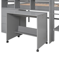 Low Loft Bed, Full Size Loft Bed with Rolling Portable Desk, Wooden Loft Bed with Storage Drawers and Shelves, Multifunctional Bed Frame for Kids Teens Boys Girls, Space Saving Loft Bed, Gray
