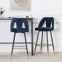 Contemporary Upholstered Barstool, Set of 2, Contemporary Velvet Bar Stools, 28" Connor Counter Stools with Nailheads and Gold Tipped Black Metal Legs, for Living Room, Dinning Room, Blue