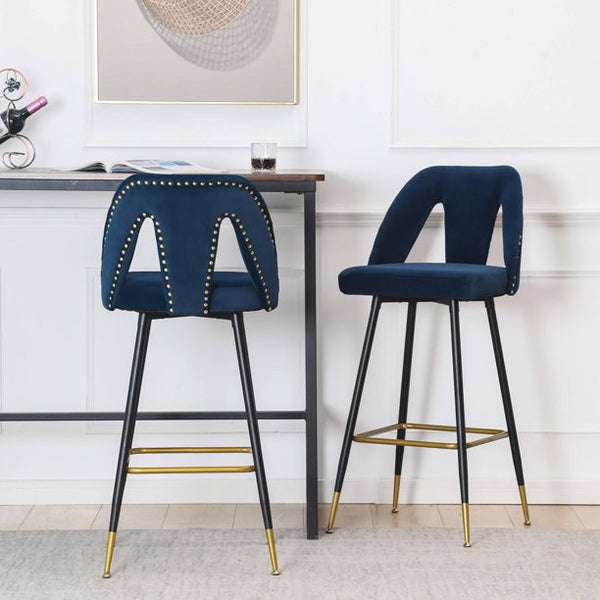 Contemporary Upholstered Barstool, Set of 2, Contemporary Velvet Bar Stools, 28" Connor Counter Stools with Nailheads and Gold Tipped Black Metal Legs, for Living Room, Dinning Room, Blue