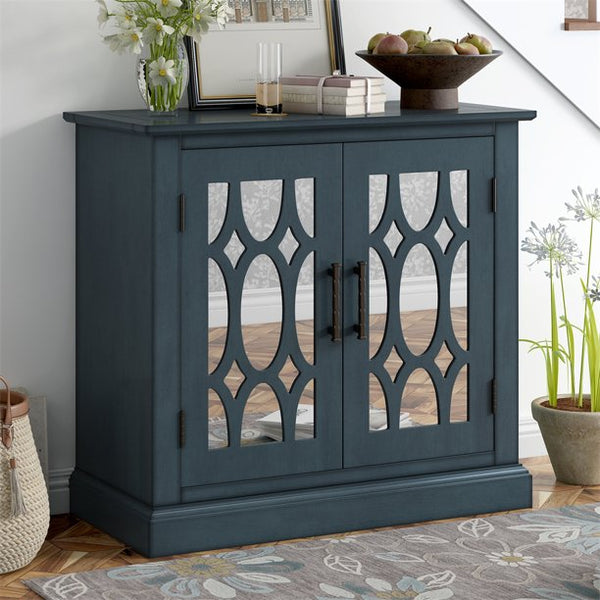 Accent Storage Cabinet with 2 Mirror Doors, Wood Buffet Console Table with Adjustable Shelves, Modern Sideboard for Living Room Entryway and Bedroom, 29.5’’W x 13.8’’D x 27.5’’H, Blue