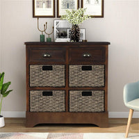 Storage Chest with 2 Drawers and 4 Rattan Baskets, Wood Accent Cabinet Hallway Side Table farmhouse cabinet for Kitchen Living Room, Dining Room, Entryway(Espresso)