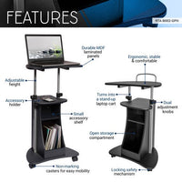 Mobile Laptop Podium, Height Adjustable Sit to Stand Desk with Tilting Desktop & Storage Cabinet, Ergonomic Rolling Lectern Cart Laptop Desk, Office Podium Stand on Wheels (Graphite)