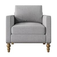 Accent Chair Classic Linen Armchair with Bronze Nailhead Trim Wooden Legs and Button-Dotting Backrest Single Sofa Couch for Living Room, Bedroom, Balcony, Gray