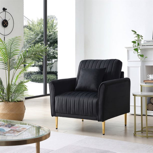 Modern Accent Chair, Soft Velvet Sofa Chair with Gold Metal Legs, Upholstered Single Sofa Chair with 1 Throw Pillow, Comfy Club Chair Arm Sofa Reading Chair for Bedroom Living Room Office, Black
