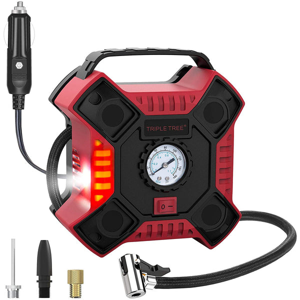 TRIPLETREE 12V DC Tire Inflator, Portable Air Compressor Pump with Analog Pressure Gauge and LED Light