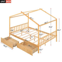 Full Size House Platform Bed Frame with Two Drawers, Wood House Bed Frame with Headboard and Footboard, House Cabin Bed Frame for Kids Toddlers Boys Girls, No Need Spring Box, Natural