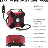 TRIPLETREE 12V DC Tire Inflator, Portable Air Compressor Pump with Analog Pressure Gauge and LED Light