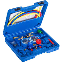Manifold Gauge Set for R134A, R12 Refrigerant, Brass Auto Service Set with 5 ft Hoses, 1/4" Fittings, Quick Connector Couplers and Can Tap