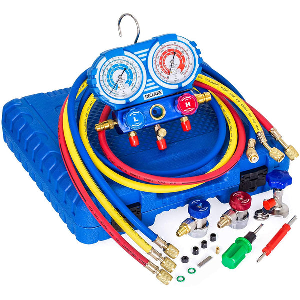 Manifold Gauge Set, Diagnostic A/C Tool Kit for R22 R134a Refrigeration, Brass Auto Service Set with 5 Feet Hoses, 1/4 Inch Fittings, Adjustable Couplers and Can Tap Included