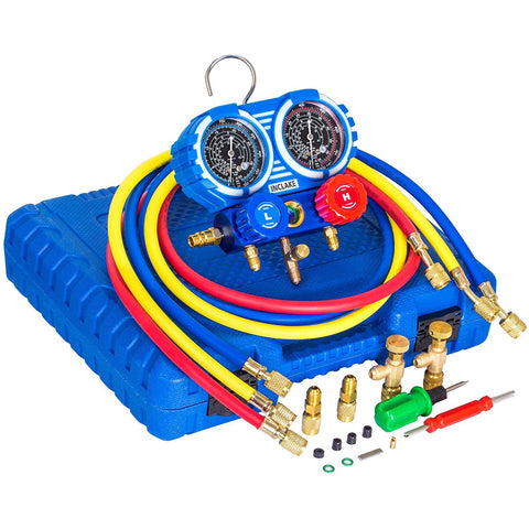 Manifold Gauge Set for R134A, R12 Refrigerant, Brass Auto Service Set with 5 ft Hoses, 1/4" Fittings, Quick Connector Couplers and Can Tap