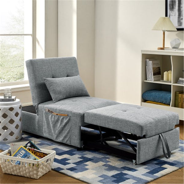 Folding Sofa Bed with Pulled Out Ottoman, Recliner Chair with 1 Pillow and Side Pocket for Small Space, Gray