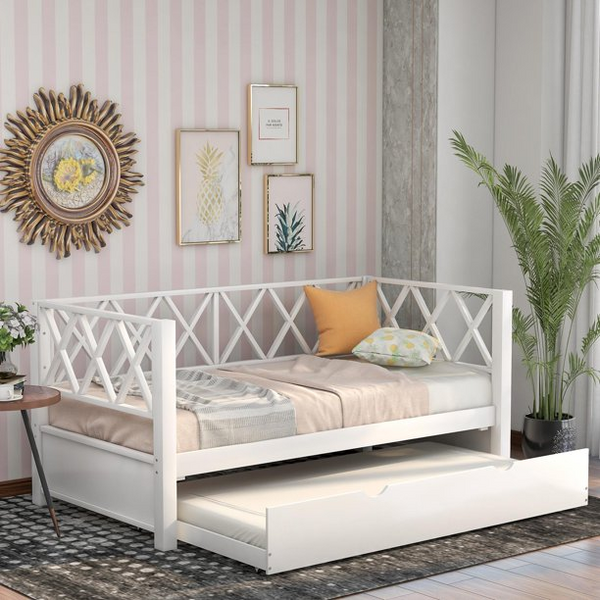 Twin Daybed with a Pull-Out Trundle Included, Indoor and Outdoor Backyard Wood Sofa Daybed Frame with 275lbs Load bearing, White 80.5 x 42.1 x 38.9 inch