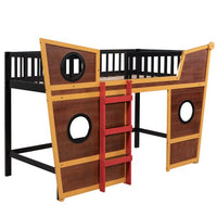 Twin Size Loft Bed with Underbed Storage Space, Boat Shaped Kids Loft Bed with Safety Guardrails and Ladders, Wood Low Loft Bed for Kids Boys Girls, Walnut