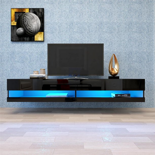 TV Stand with LED Lights, Floating TV Stand Wall Mounted Media Console 80 Inch TV Stand with 20 Color LED Lights, Black