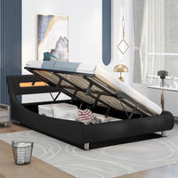 Upholstered Platform Bed with LED Headboard, Full Size Low Profile Platform Bed with Under Bed Storage Space and 20 Color LED Lights for Adults