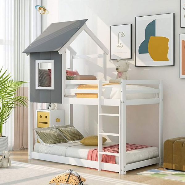Twin Over Twin Low Bunk Bed, Wood House Bunk Bed Frame with Ladder, Guardrail and Roofs Floor Bunk Bed for Kids, Teens, Girls, Boys, White