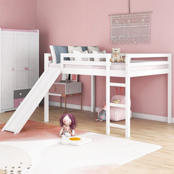 Full Loft Bed with Slide and Ladder for Kids, Wood Low Sturdy Loft Bed for Boys Girls Bedroom, No Box Spring Needed, White 77.4''L x 57.2''W x 49.2''H