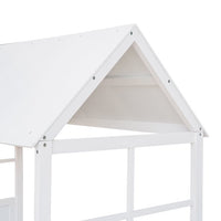 Twin House Bed with Twin Size Trundle, Wooden Daybed Frame with Playhouse Roof and Window for Kids Toddlers Teens, No Box Spring Need, White