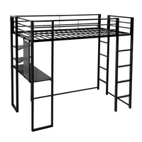 Twin Size Loft Bed with Desk and Shelves for Kids Teens Adult, Metal Bed Frame with Two Build-in Ladders and Full-Length Guardrail, Noise Free, Space-Saving Design, No Box Spring Needed