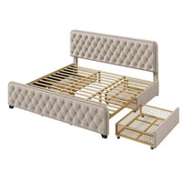 King Bed Frame with 4 Storage Drawers, Upholstered Platform Bed Frame with Button Tufted Headboard, Storage Bed Frame, Heavy Duty Mattress Foundation with Wooden Slats, No Box Spring Needed, Beige