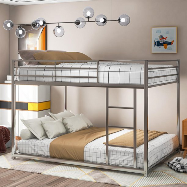 Full Over Full Low Bunk Bed , Modern Metal Bunk Bed with Safety Guardrails and Ladder, Heavy Duty Bunk Bed Frame for Kids Teens Adults, No Box Spring Needed, Silver