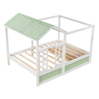 Full Size House Bed with Drawer, Montessori Playhouse Bed with Roof and Window, Solid Wood Bed Frame for Kids Teens Boys Girls Bedroom, Green