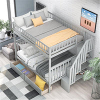 Full Over Full Size Bunk Bed Frame with Stairs, Wood Bunk Bed with Two Drawers and Storage, No Spring Box Required, Gray