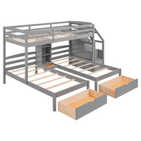 Twin over Twin&Twin Bunk Bed with Drawers and Shelves, Triple Bunk Bed with Built-in Staircase and Guardrails for Family Kids Teens Adults, Gray