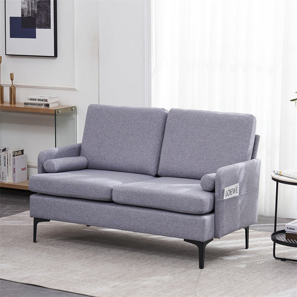 54inch Couch for Living Room, Mid Century Modern Loveseat Sofa with 2 Bolster Pillows, Upholstered Sofa with Arms for Bedroom, Apartment, Home Office, Light Gray