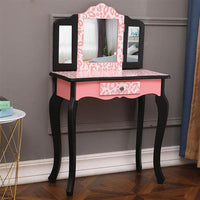 Kids Wooden Vanity Table and Stool Set - Make-up Vanity Station with Detachable Three-Fold Mirror and Single Drawer - Children's Dressing Table and Chair with Arc Foot Design - Red Leopard Print